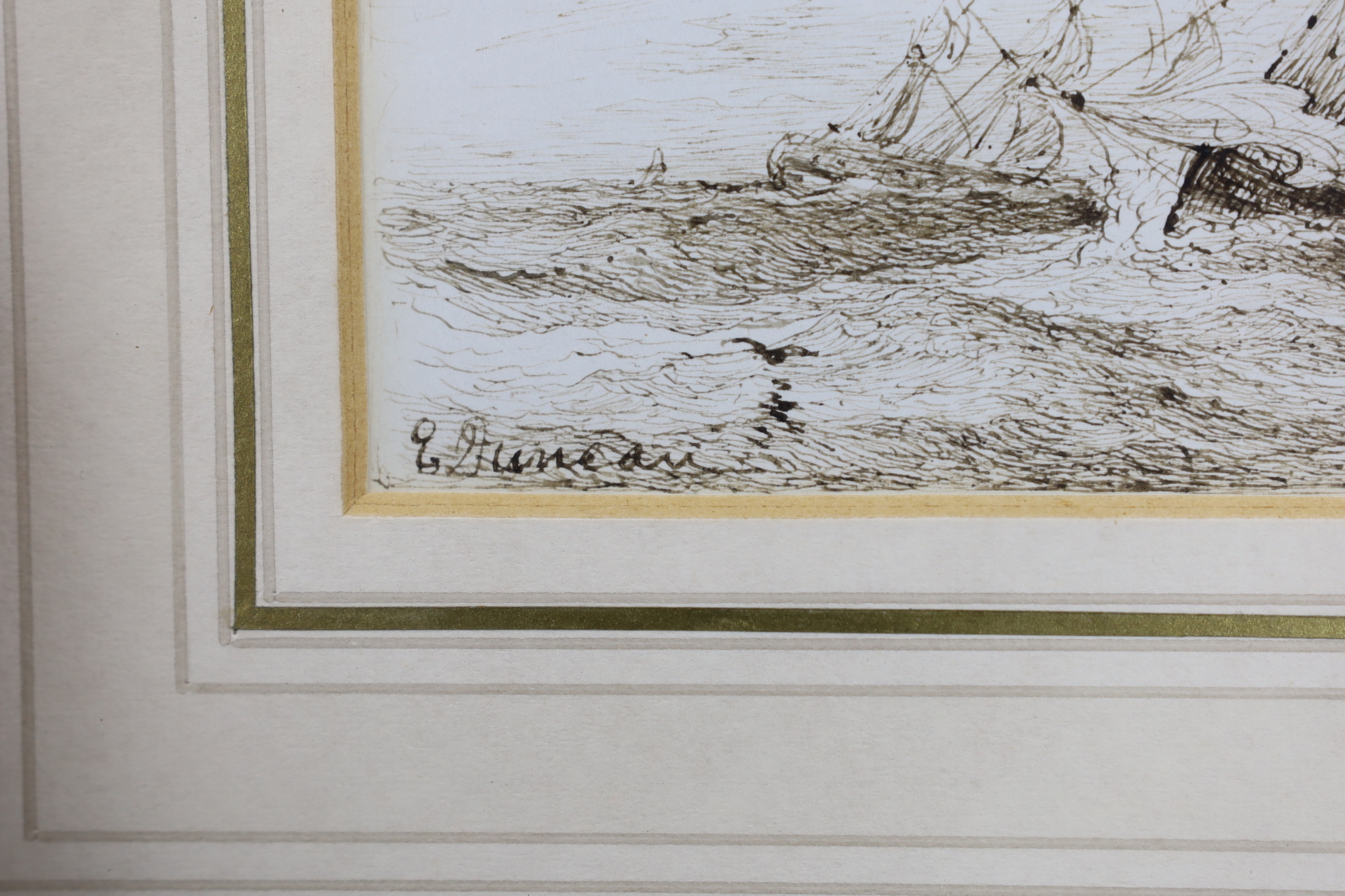 Edward Duncan RWS (1803-1882), pen and ink, Ships at sea, signed, 15 x 8cm
